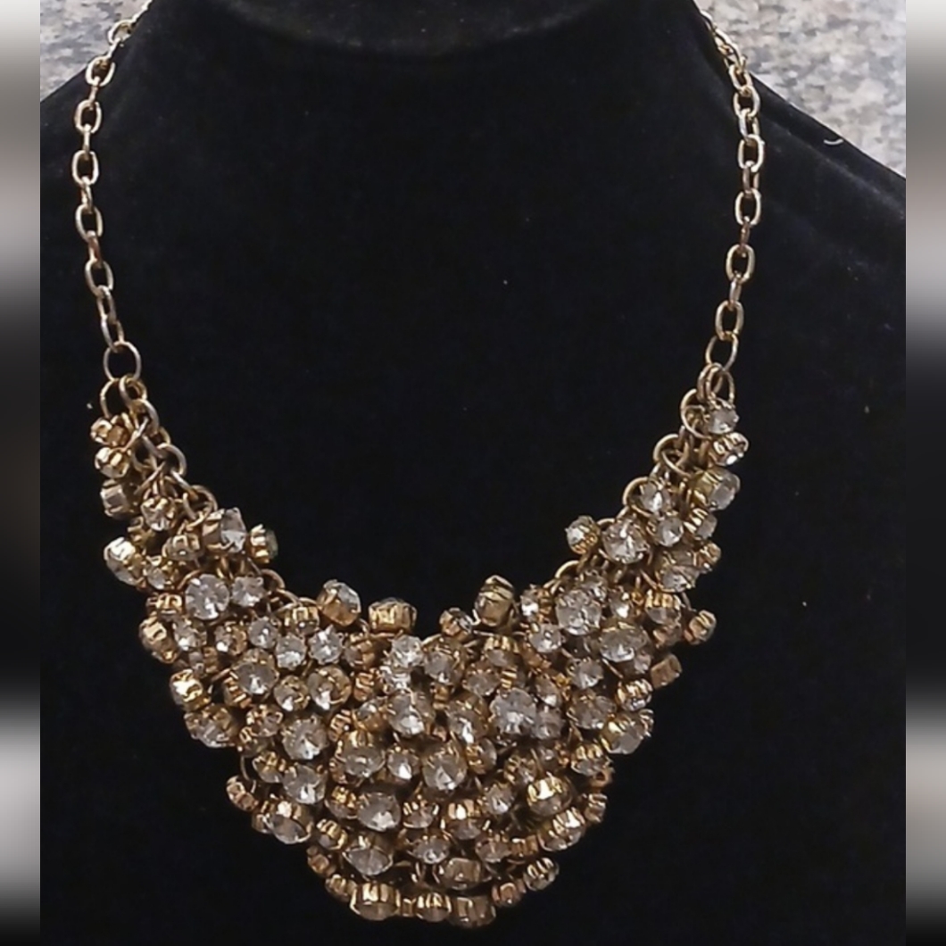 Elegant Rhinestone Statement Necklace Antique Goldtone